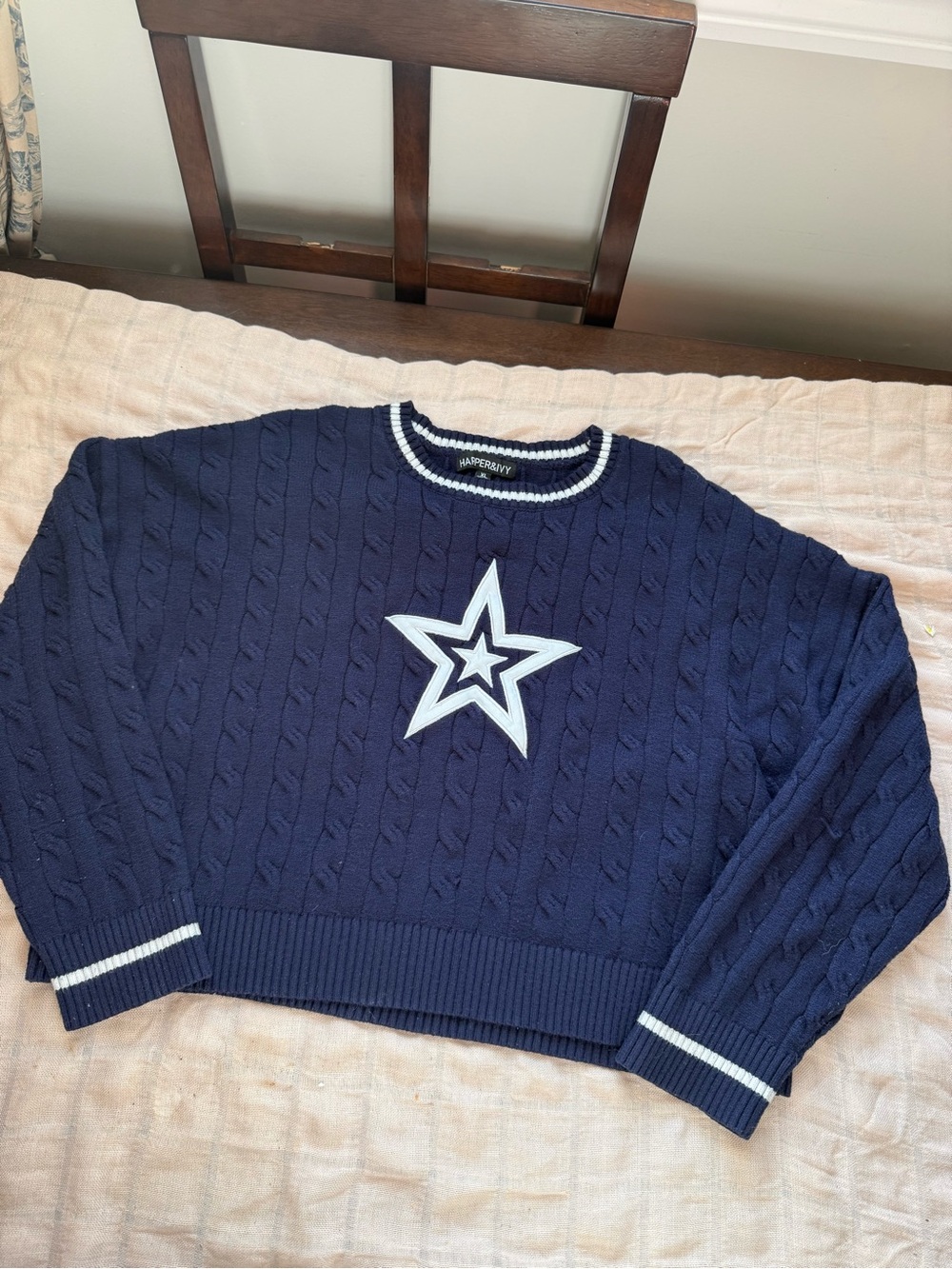 Harper Navy Cable Knit Crewneck Sweater with White Star